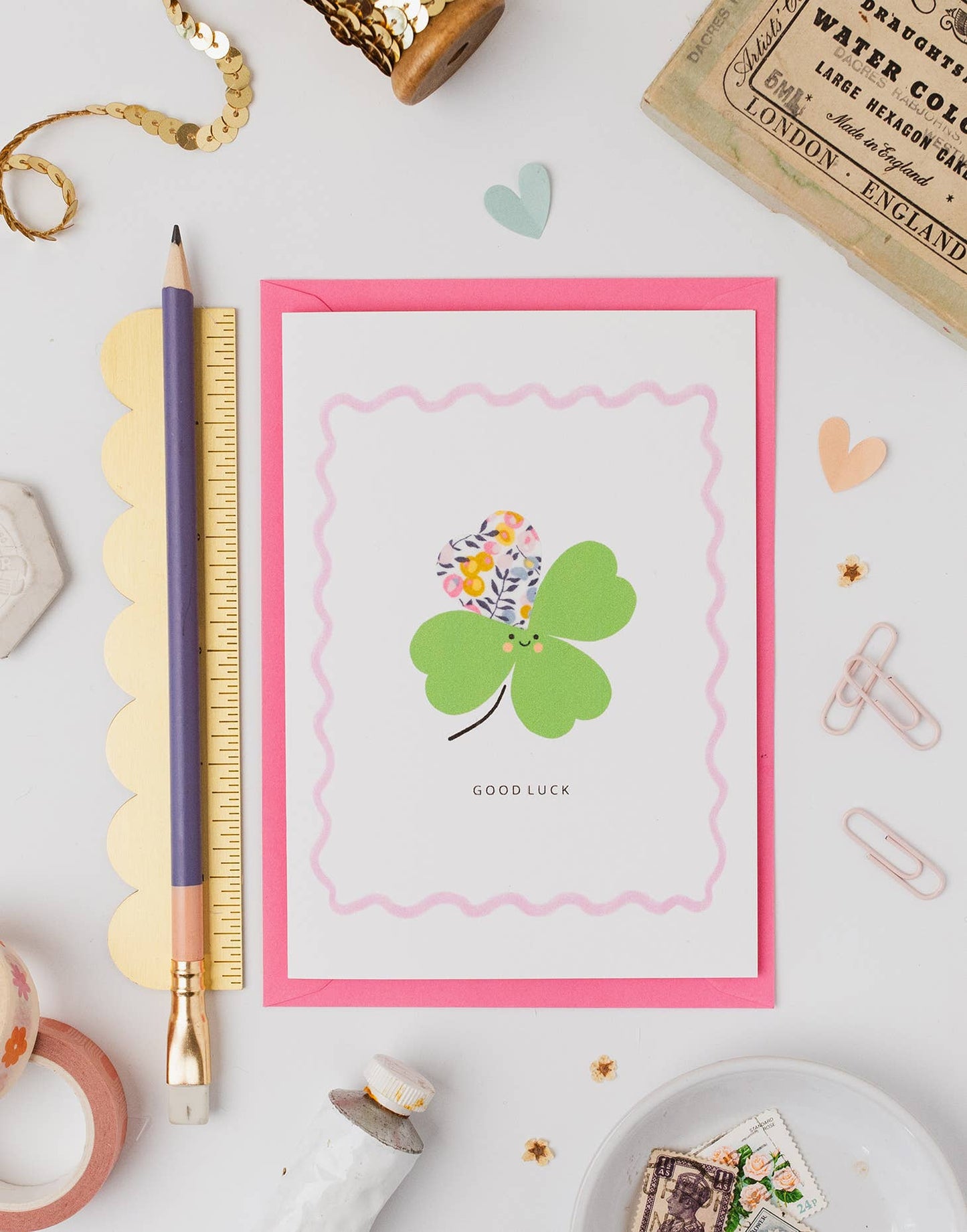 The Charming Press - Four Leaf Clover Card - Liberty Wiltshire Bud Fabric