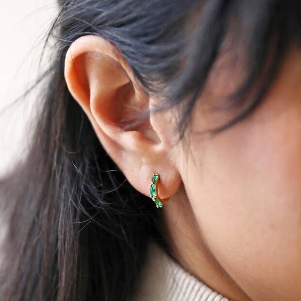 Lisa Angel - Green Baguette Crystal Huggie Hoop Earrings in Gold