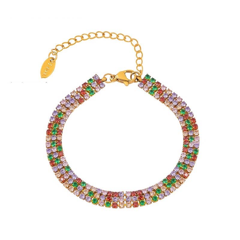 White Leaf - Lobster Clasp Triple Row Crystal Bracelet in Multi & Gold