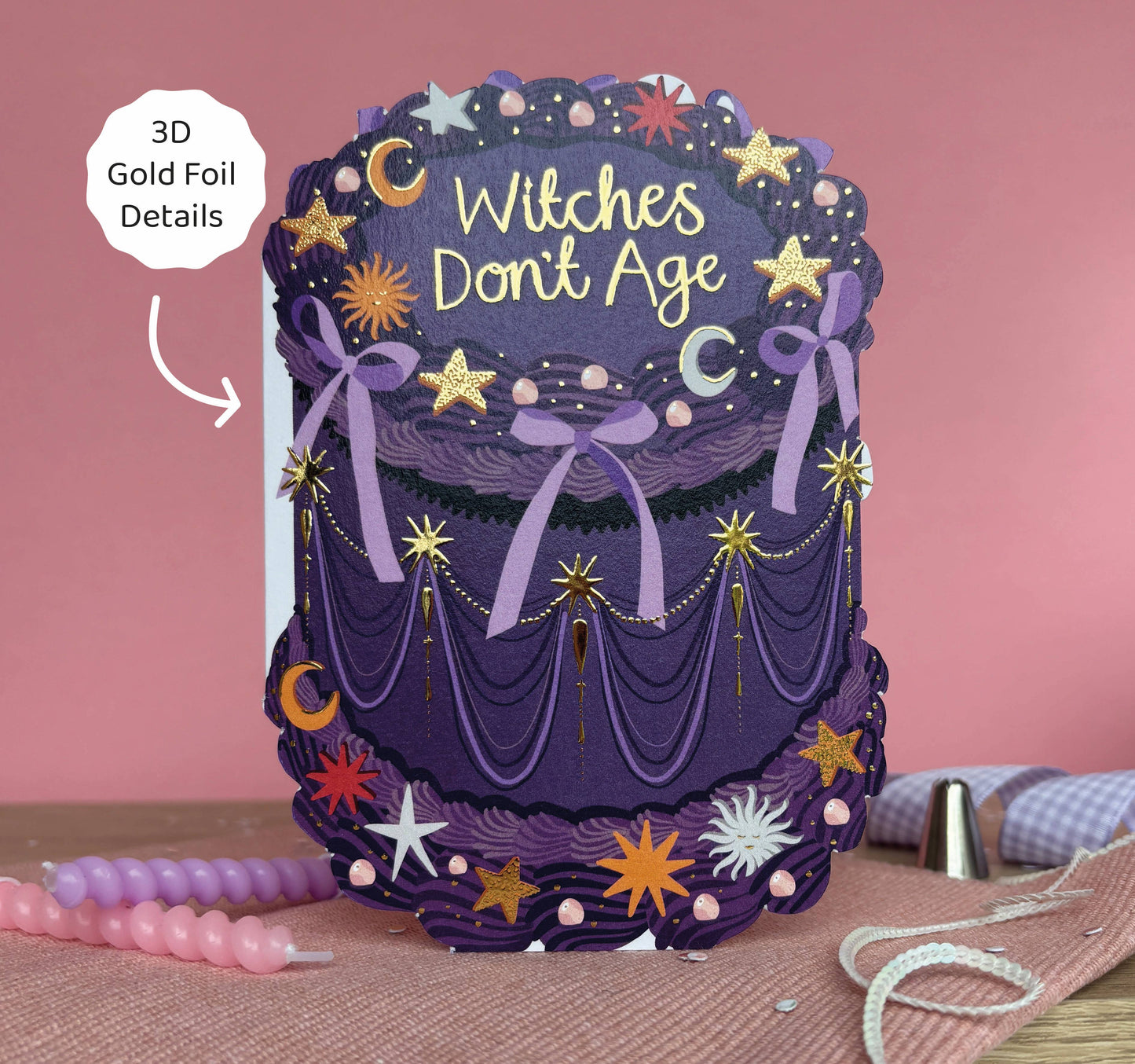 Two For Joy Illustration - Witches Don't Age - Birthday Cake Shaped Greeting Card