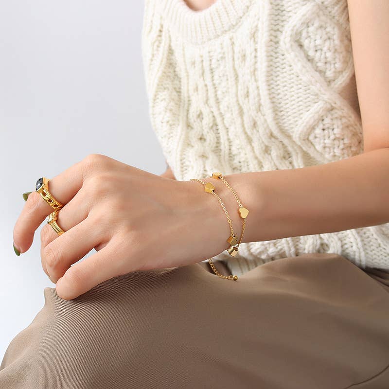 White Leaf - Heart Charm Dual Chain Bracelet in Gold