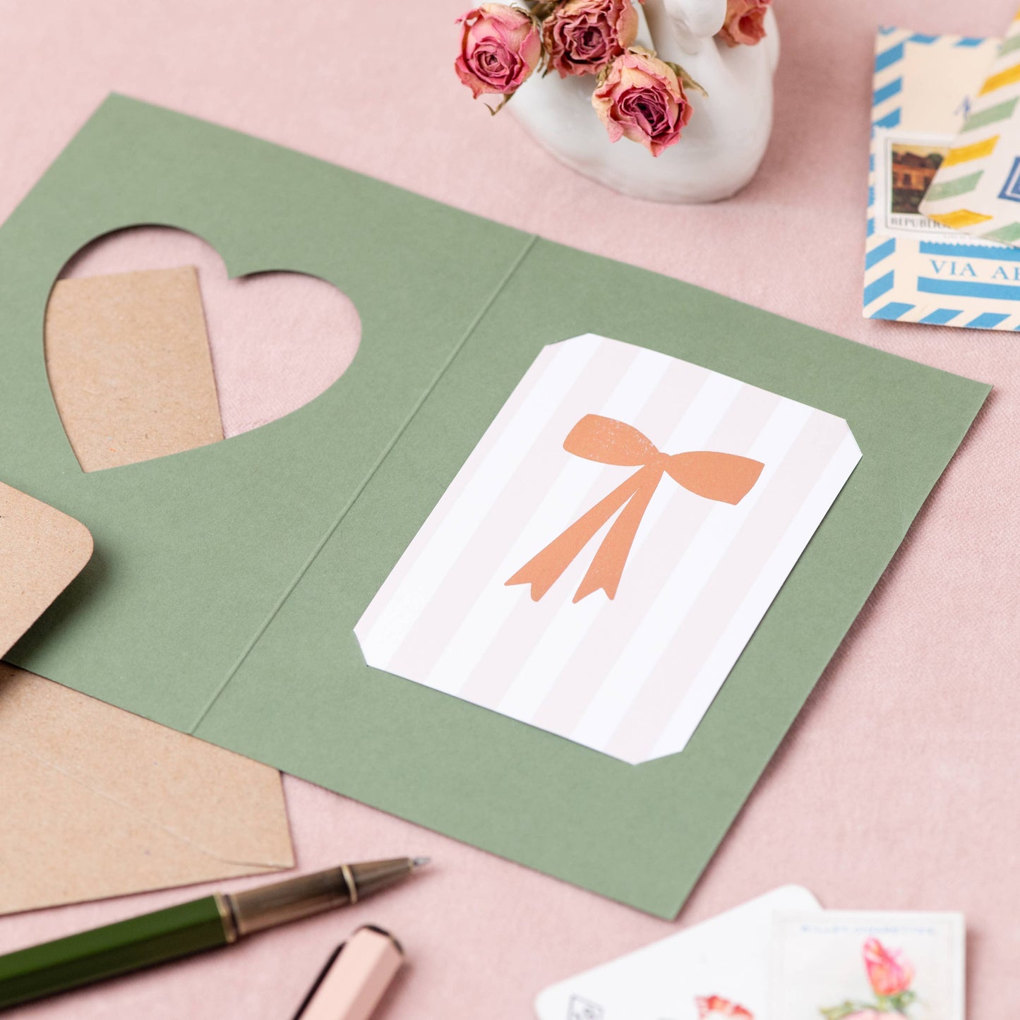 Oh Squirrel - Foil Bow Green Cut Out Heart Card