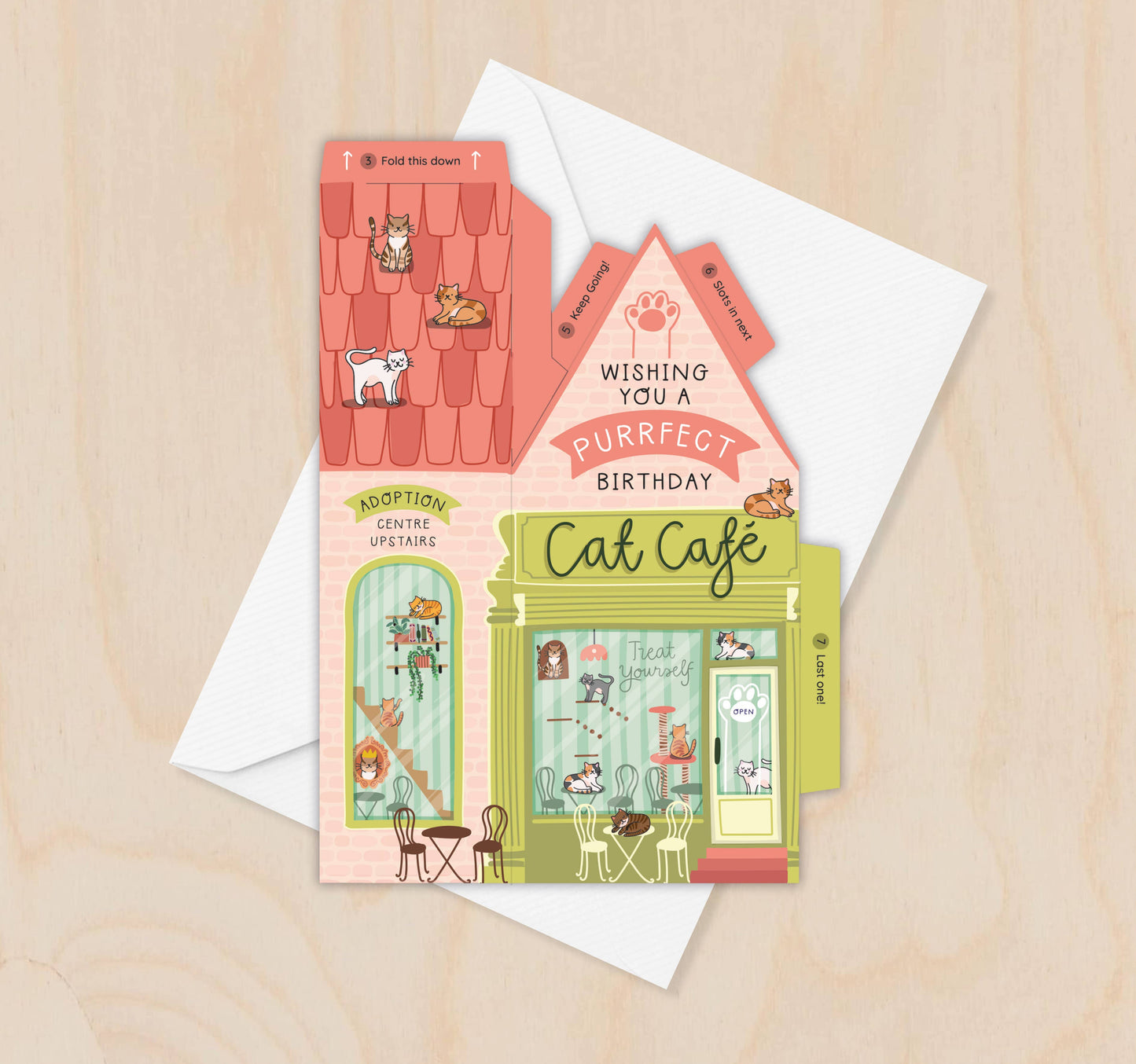 Two For Joy Illustration - Cat Cafe Birthday Card – 3D Slot Together Card Greeting Card