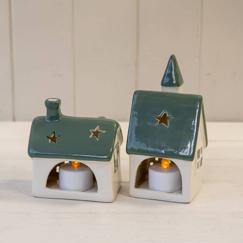 Satchville - White/Green Ceramic House Tealight