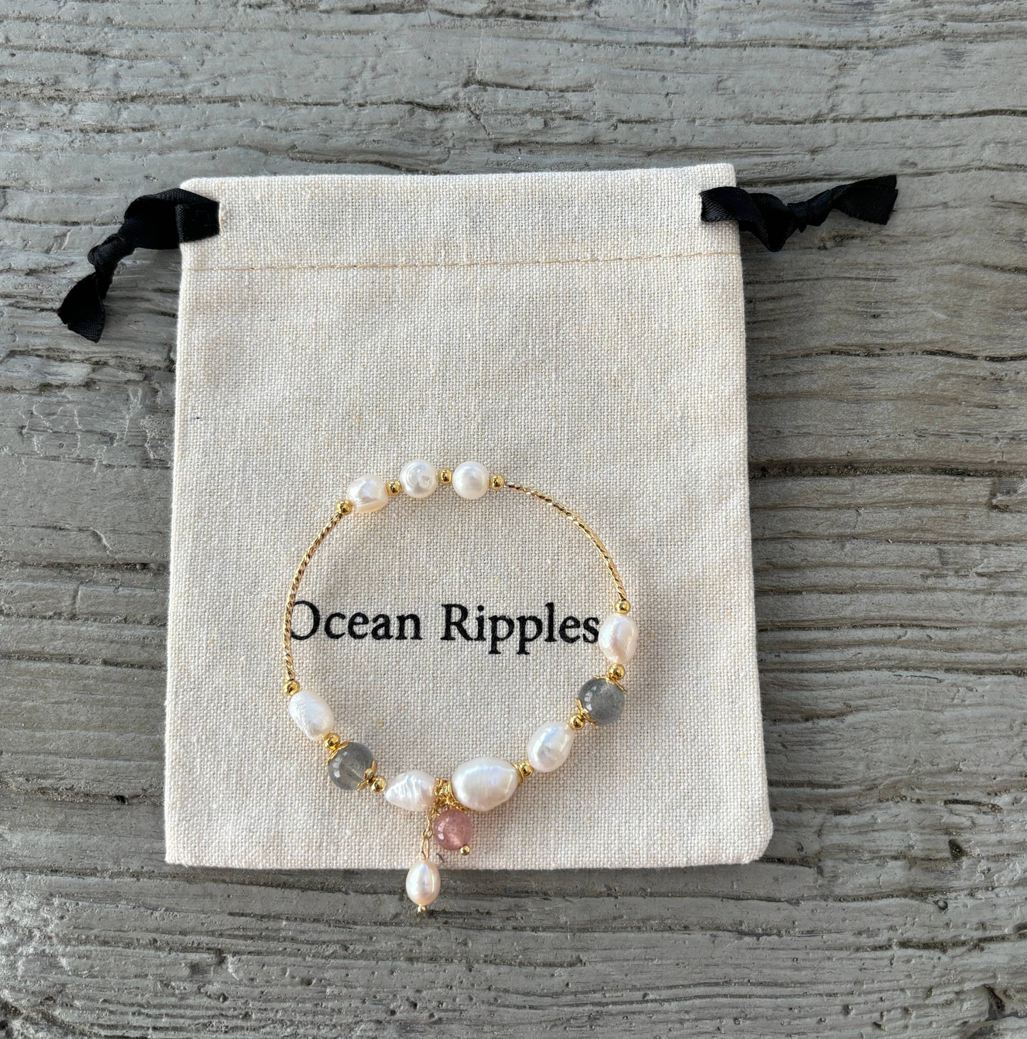 Ocean Ripples - 14ct Gold Plated Fresh Water Pearl Moonstone Elastic Bracele