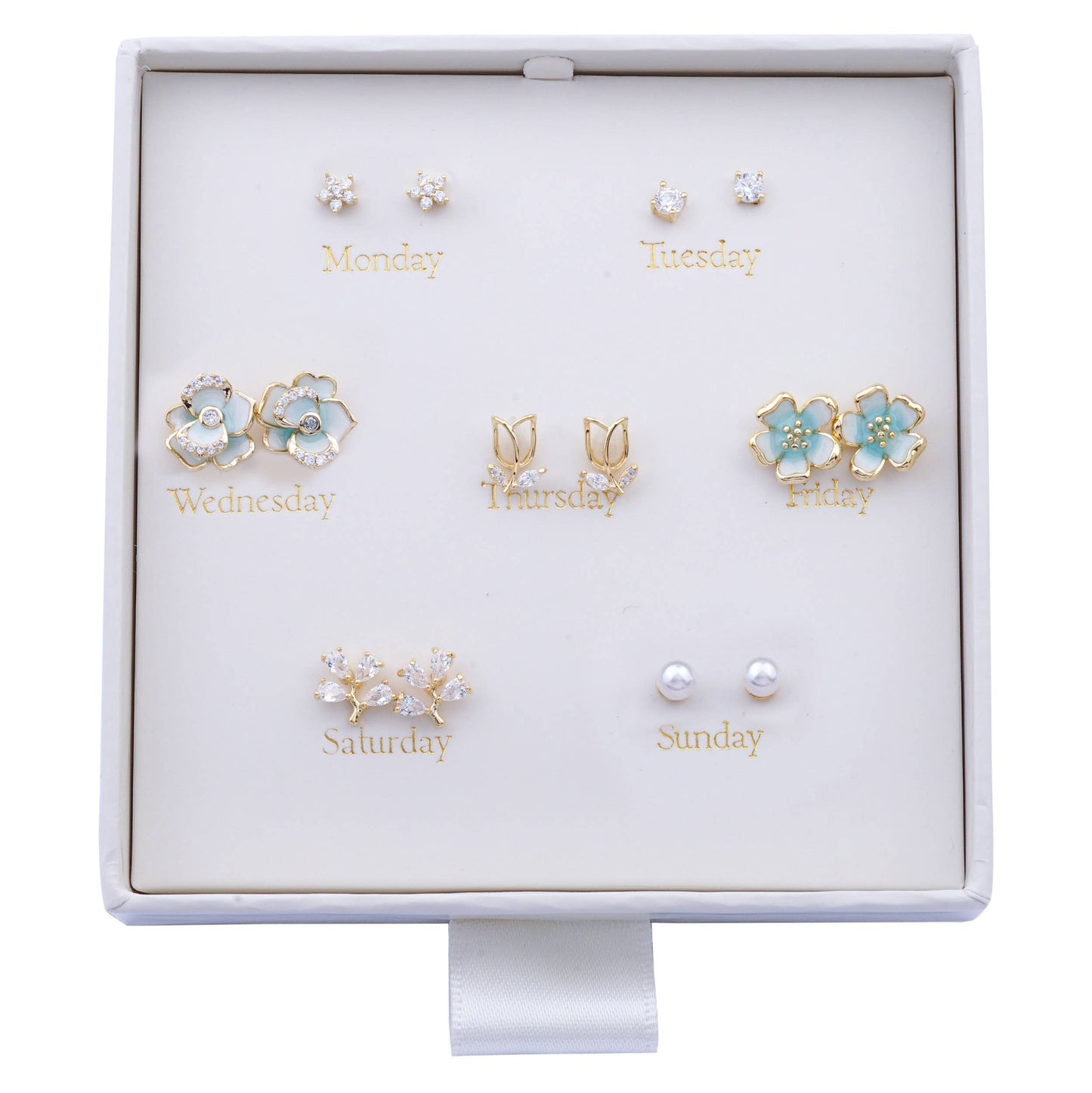White Leaf - 7 Days Floral Earrings Box Set in Gold