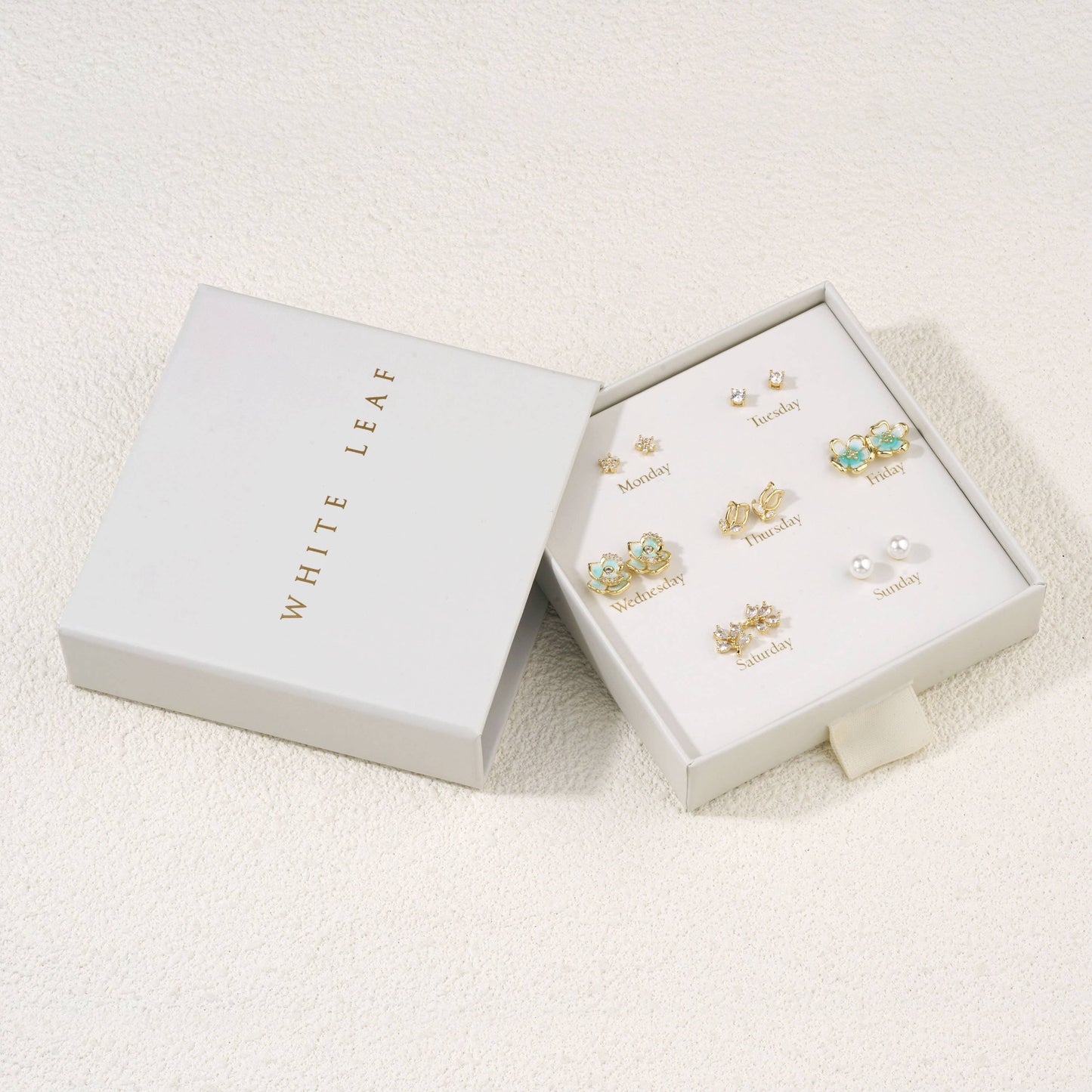 White Leaf - 7 Days Floral Earrings Box Set in Gold