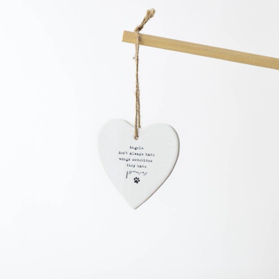 White Heart Angels Sometimes Have Paws hanging ceramic heart, 9cm