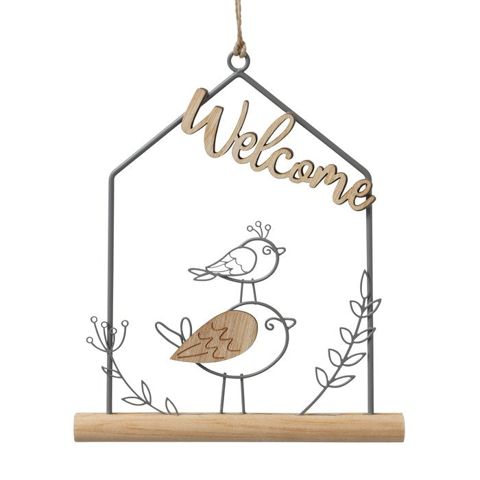 Welcome wire and wood birdie hanging pendants