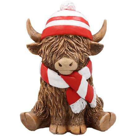 Scottish gift - Highland Cow Wearing Striped Scarf and Hat