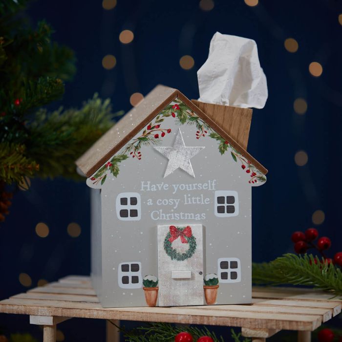 XMAS COSY HOUSE TISSUE BOX GREY WOOD WITH GREEN WREATH