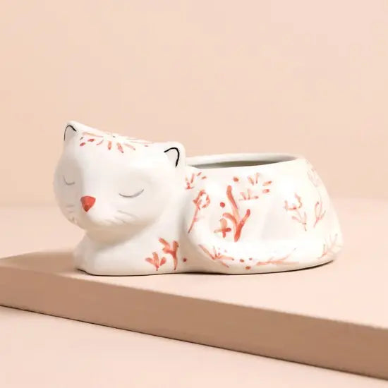 Pink and White Floral Sleeping Cat Planter