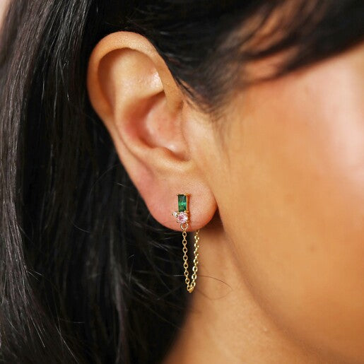 Green and Pink Crystal Chain Stud Earrings in Gold