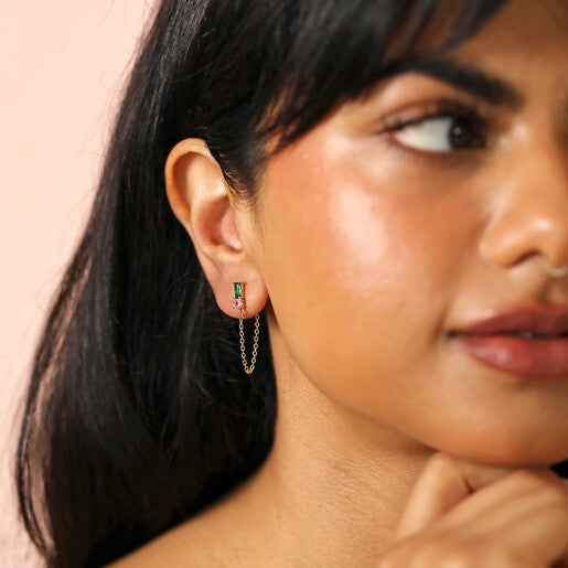 Green and Pink Crystal Chain Stud Earrings in Gold