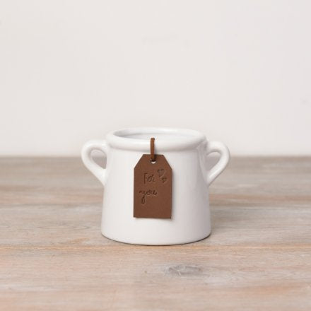 White pot/vase with ears and leather tag