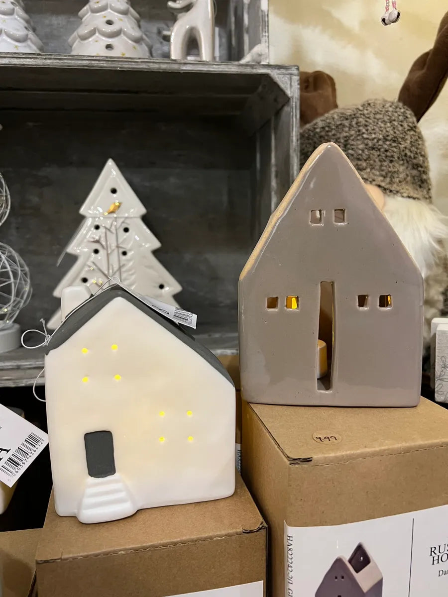 Porcelain House with LED Tealight | Contemporary style | Handmade | Modern Home Décor | Matte finish in Grey & White