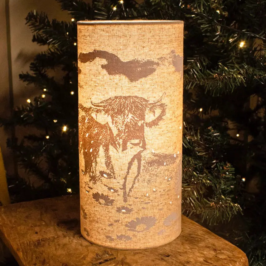 Scottish gift/ homeware. L. Glow Highland Cow | Fabric Lamp | Cylinder | 25cm