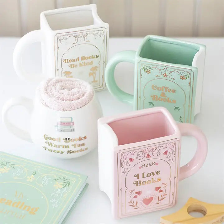Read Books, Be Kind White Book Shaped Mug