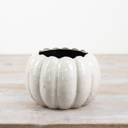 White Ceramic Pumpkin Planter, 16 x 10.5cm