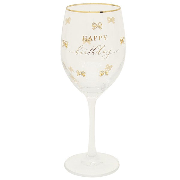 Happy Birthday Gold Bow Wine Glass