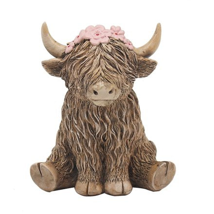 Scottish gift - Highland cow with pink flower hairband ornament