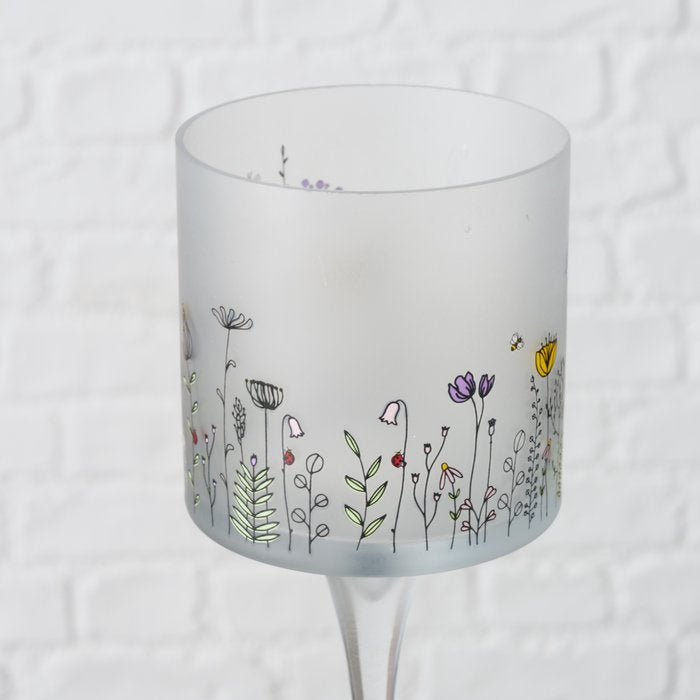 Spring flowers frosted candle holder glass set