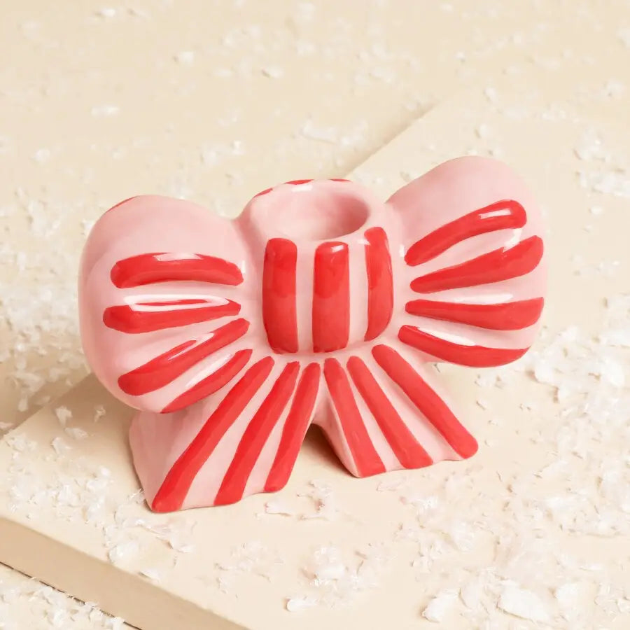 Pink and Red Stripe Bow Ceramic Candle Holder
