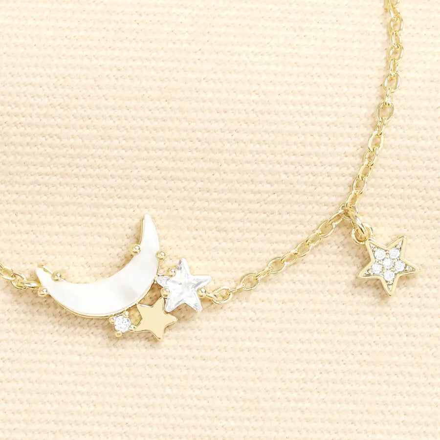 Mother of Pearl Moon and Star Charm Bracelet in Gold
