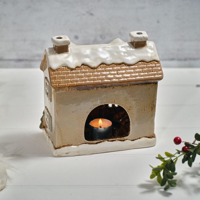 Holly Cottage Stoneware House with Dormer Windows Candle Holder