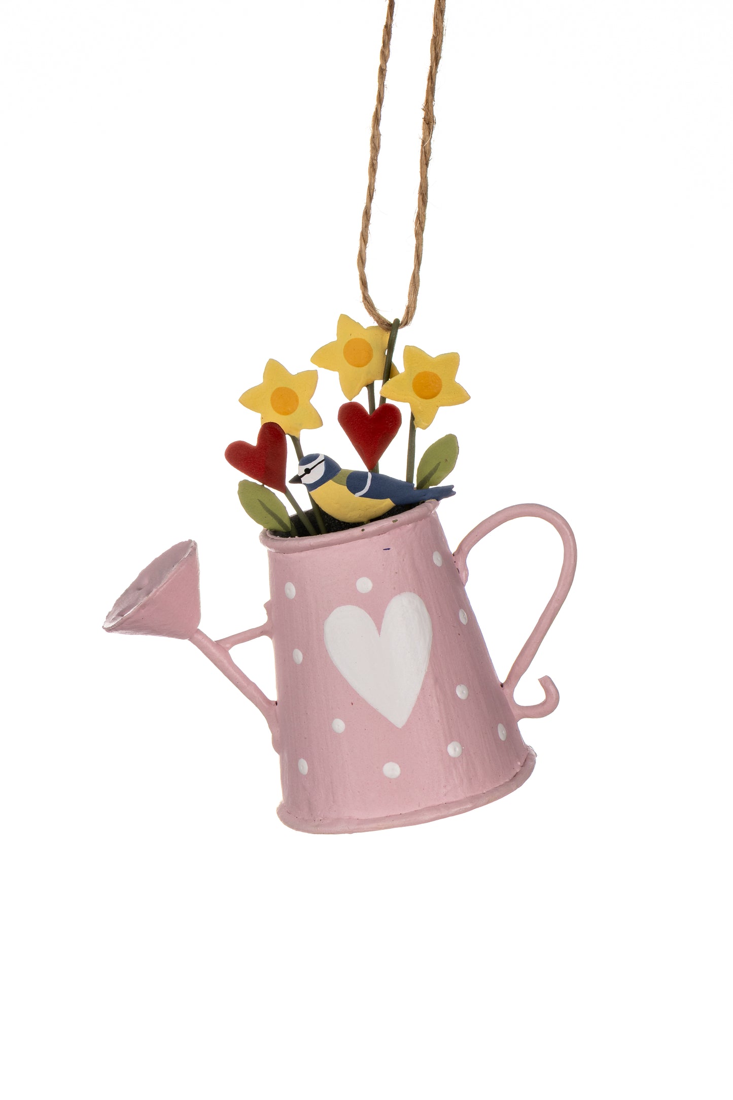 Pink Watering Can Hanging Decoration – Spring Bird & Daffodils By Shoeless Joe
