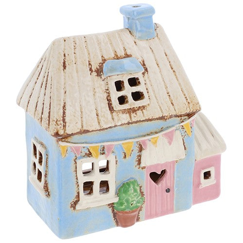 Village Pottery Pink And Blue GARDEN BUNTING HOUSE Tea Light Holder 16cm NEW