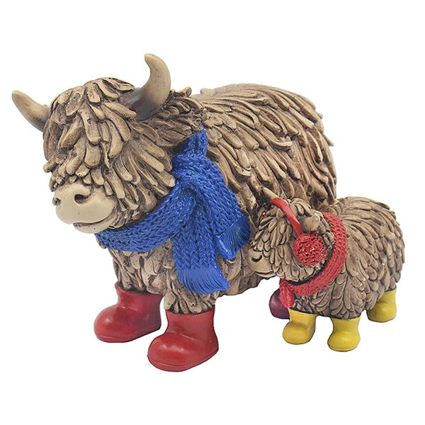 Highland Cow with Calf Ornament – Mother & Baby Cow Statue