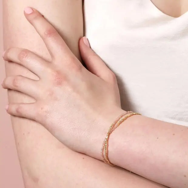 Pink Semi-Precious Stone Layered Beaded Bracelet in Gold