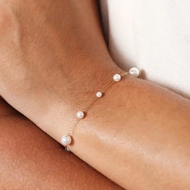Stainless Steel Mixed Glass Pearl Chain Bracelet in Gold