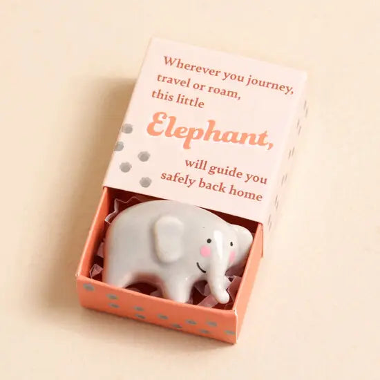 Tiny Matchbox Ceramic Token - porcelain elephant - wherever you journey travel or roam , this little elephant will guide you safely back home
