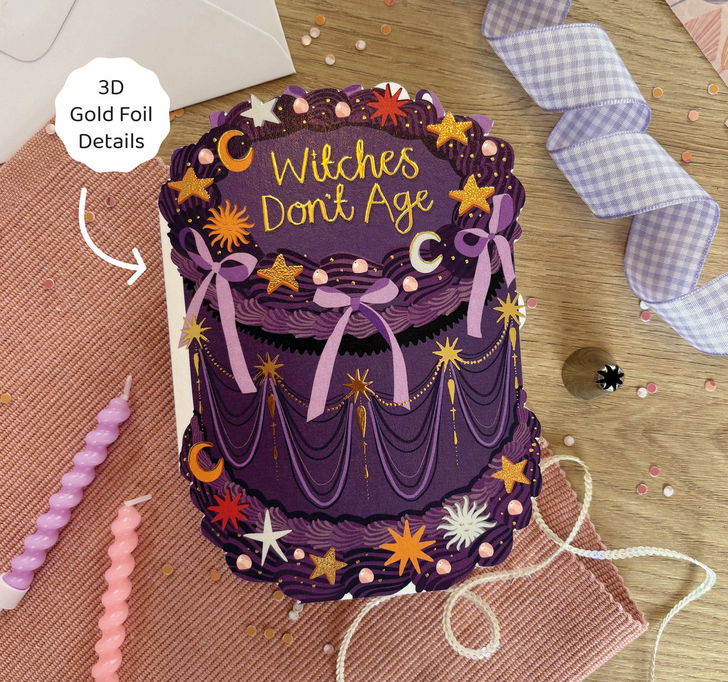 Two For Joy Illustration - Witches Don't Age - Birthday Cake Shaped Greeting Card