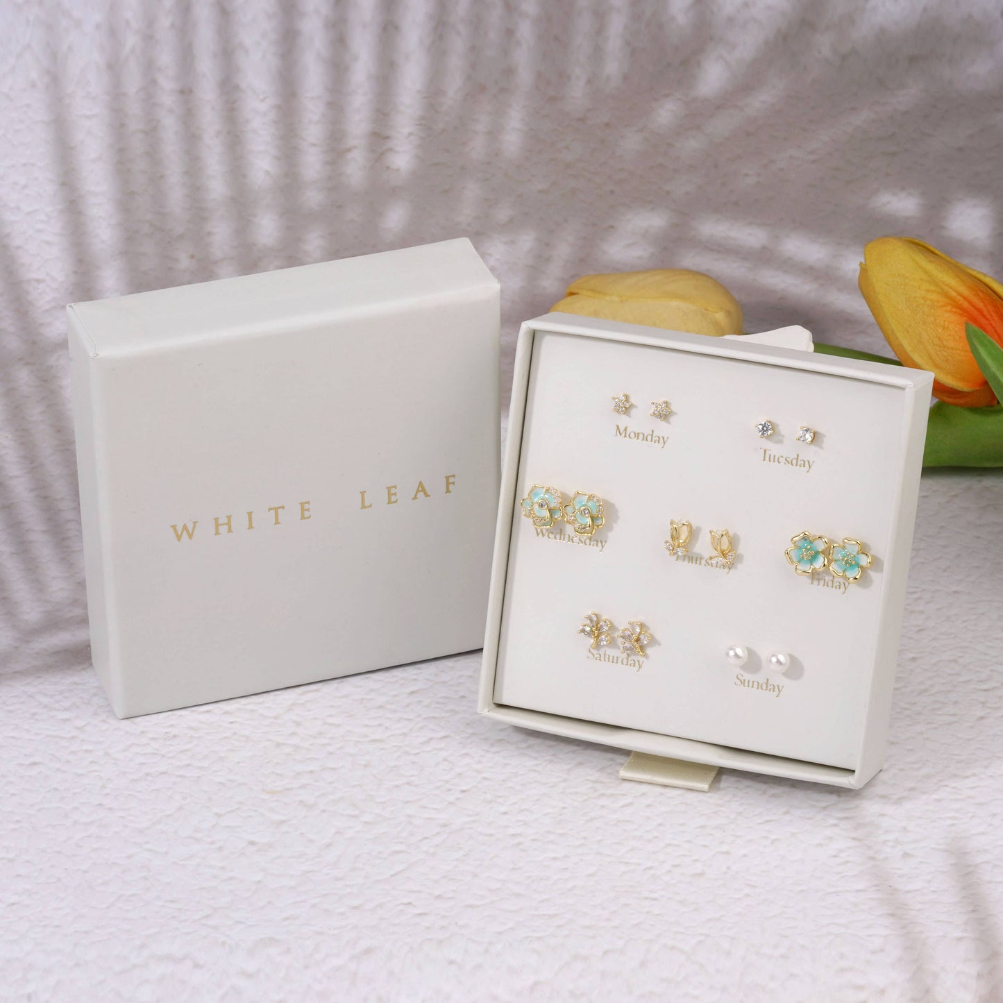 White Leaf - 7 Days Floral Earrings Box Set in Gold