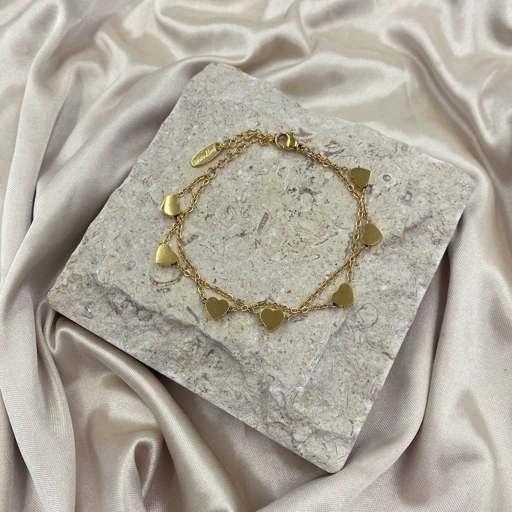 White Leaf - Heart Charm Dual Chain Bracelet in Gold