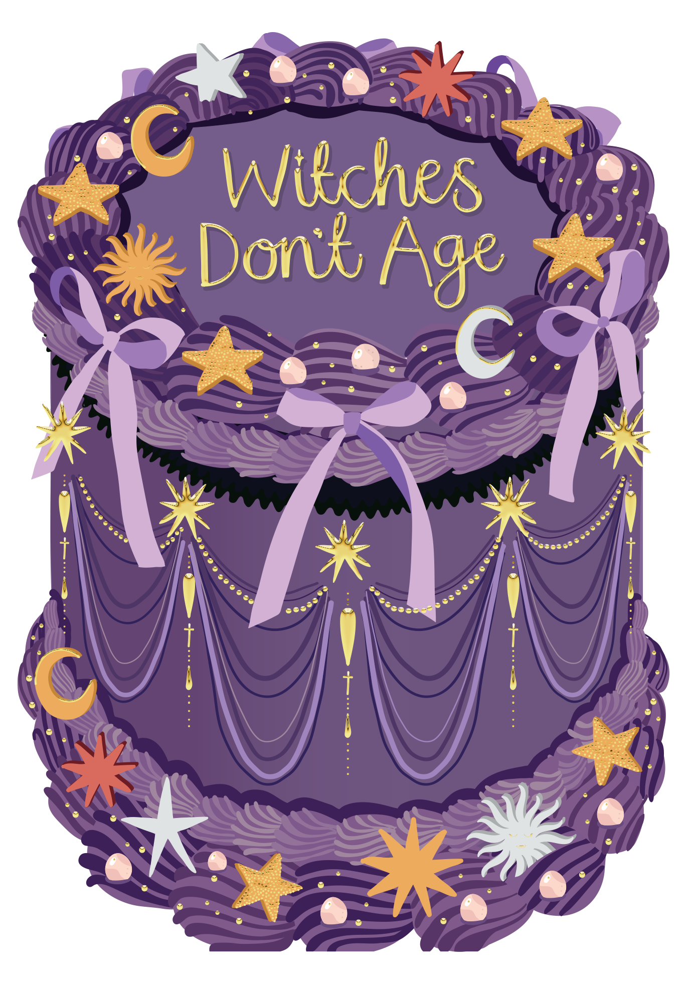Two For Joy Illustration - Witches Don't Age - Birthday Cake Shaped Greeting Card