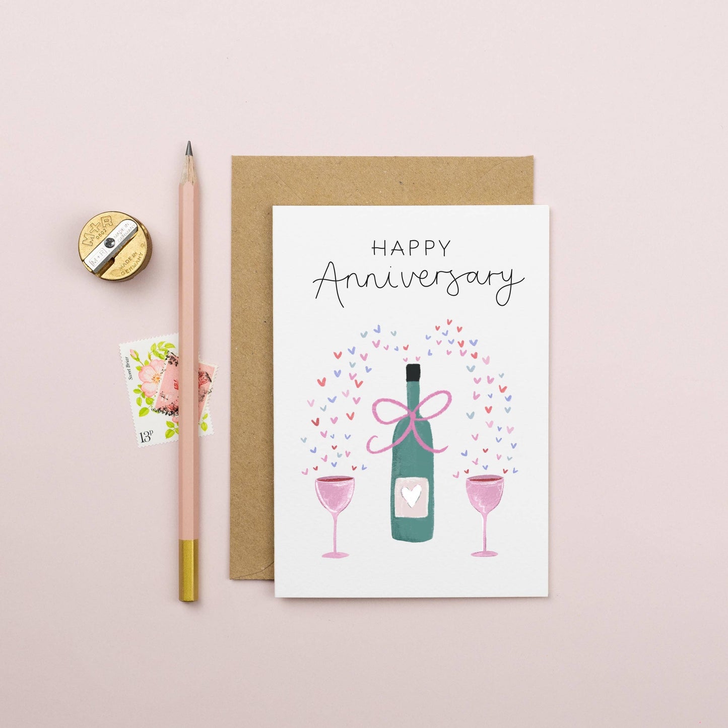 Elizabeth Mugridge - Happy Anniversary Card - Wine Bottle with Hearts & Love