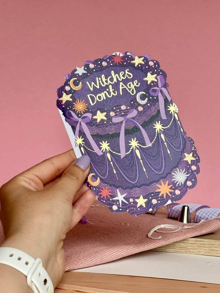 Two For Joy Illustration - Witches Don't Age - Birthday Cake Shaped Greeting Card
