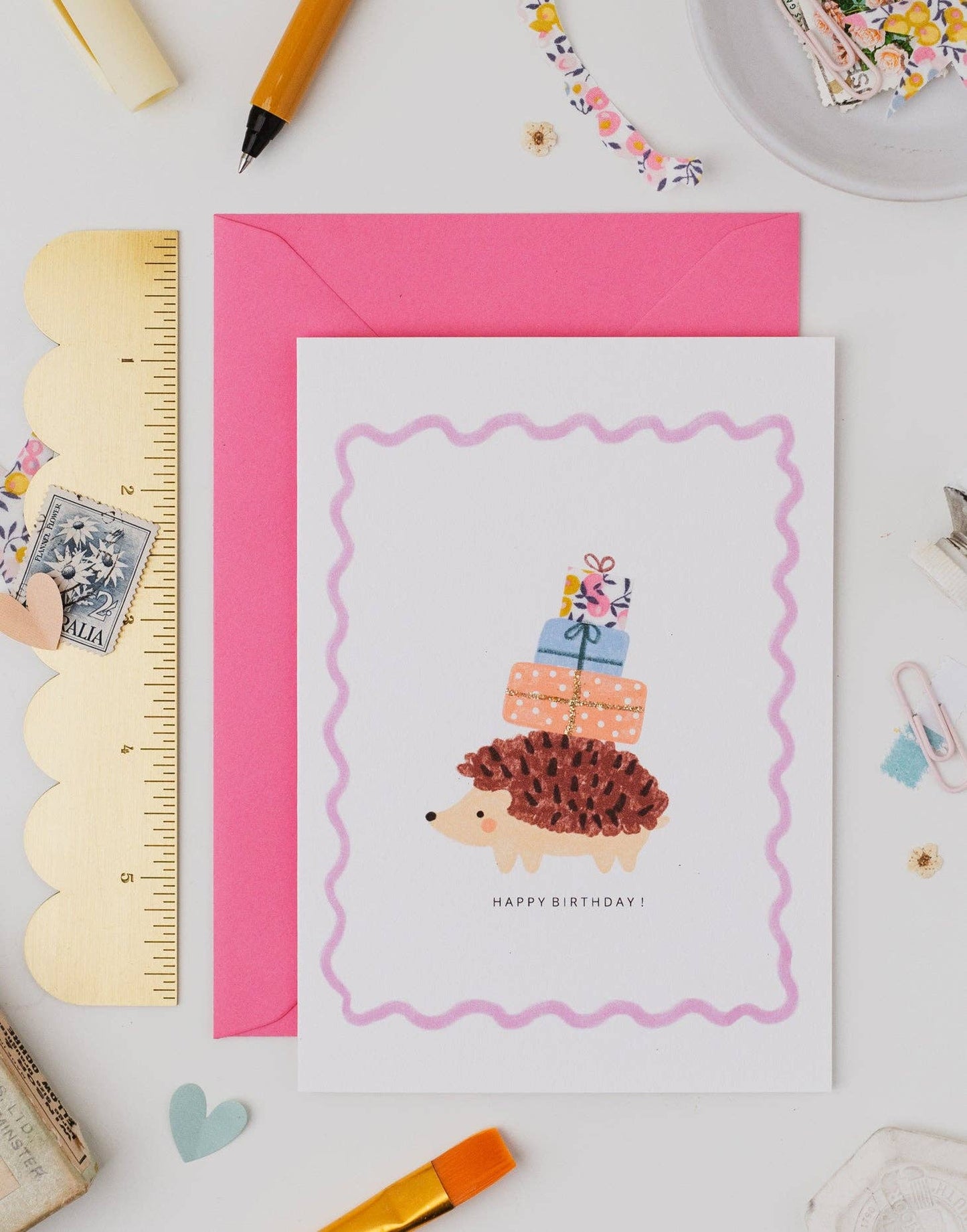 The Charming Press - Hedgehog Birthday Card - Liberty Wiltshire Bud Fabric