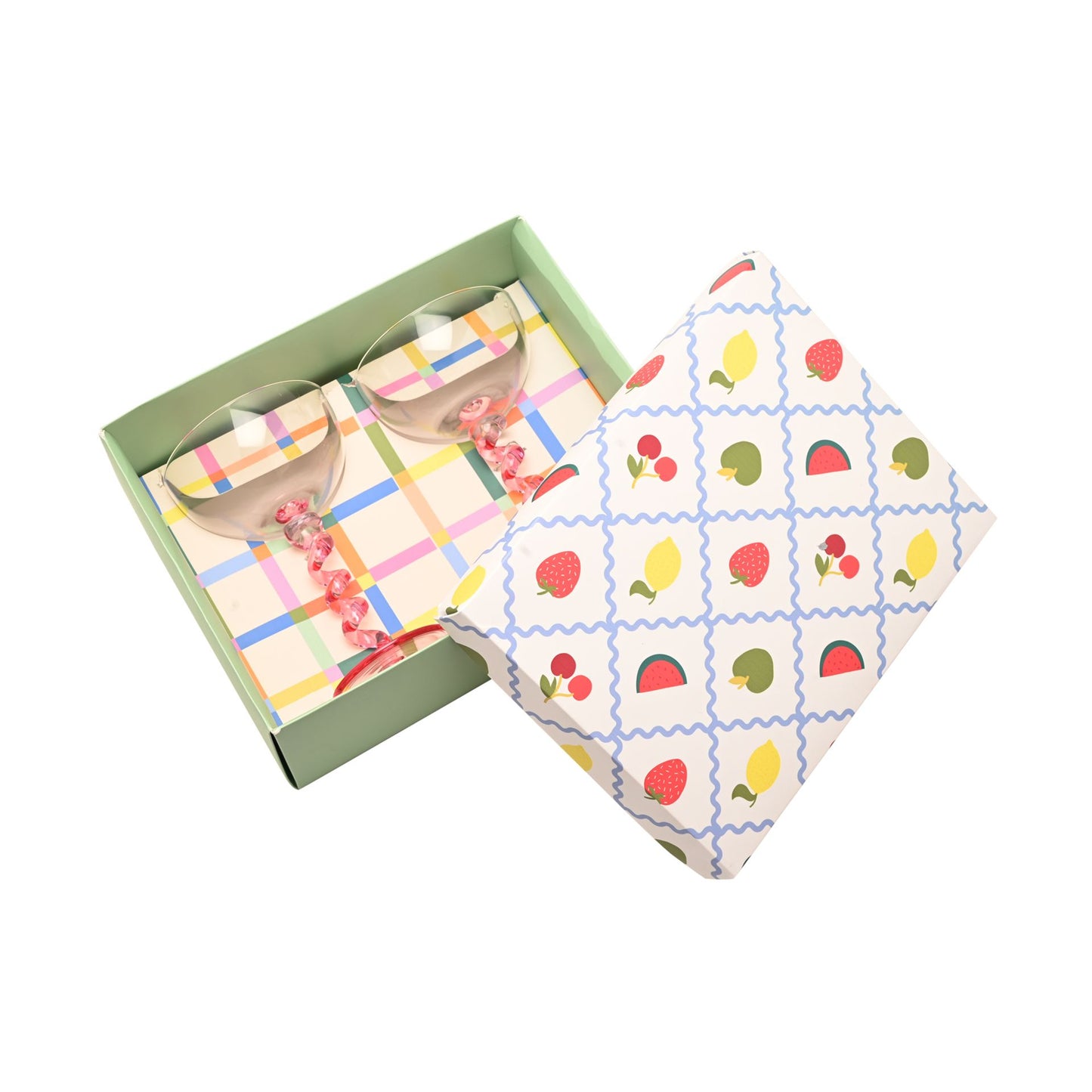 RASPBERRY BLOSSOM PAIR OF COUPES WITH WIGGLE STEMS IN A GIFTBOX