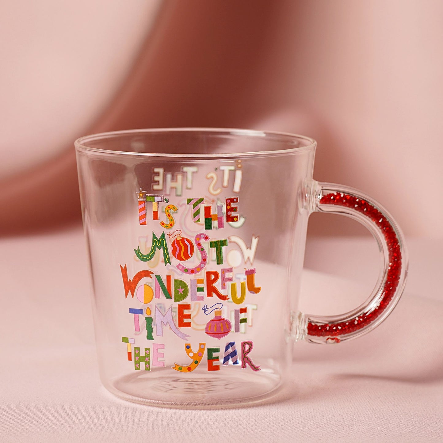 RASPBERRY BLOSSOM GLASS MUG - IT'S THE MOST WONDERFUL TIME OF THE YEAR