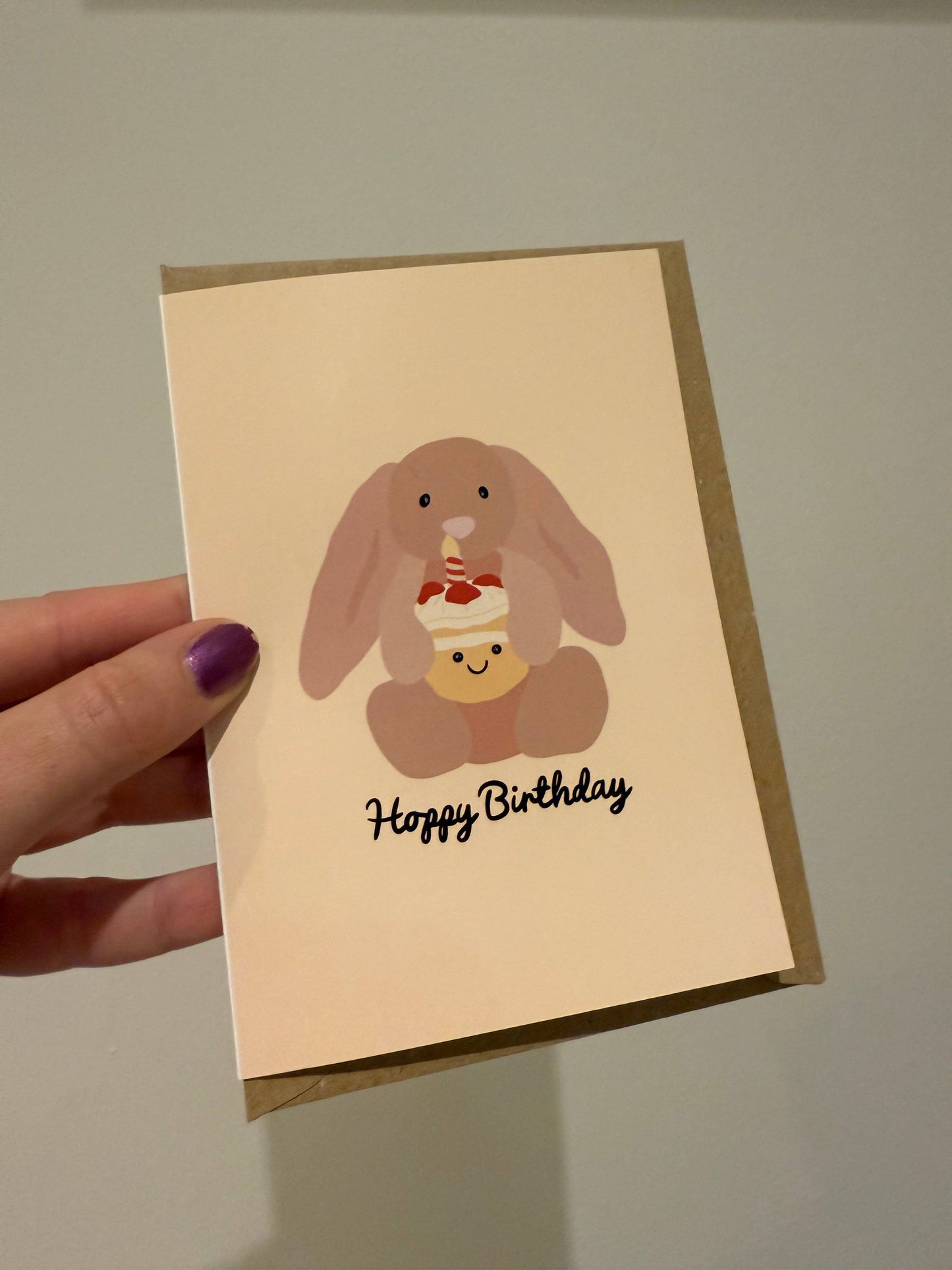 Gallerybylara - "Hoppy Birthday" birthday card. Bunny and cake - Jellycat inspired