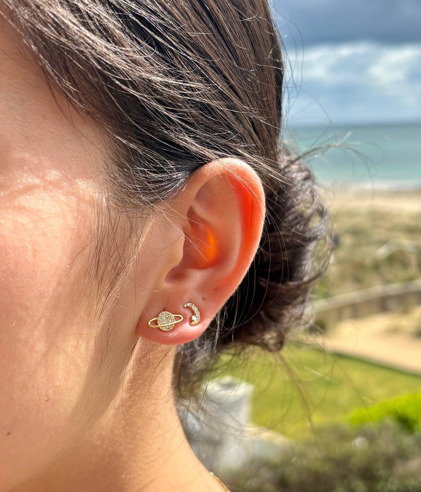 Ocean Ripples - 14ct Gold Plated Cubic Zirconia Mismatched Planet Earrings