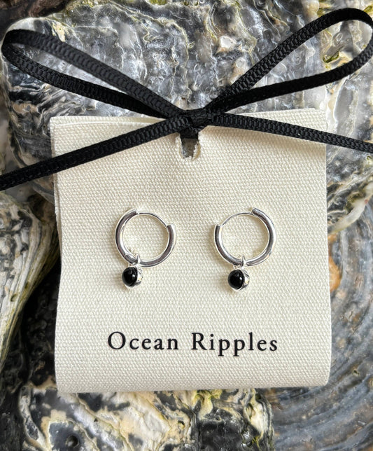 Ocean Ripples - 925 Sterling Silver Black Agate Huggie Earrings