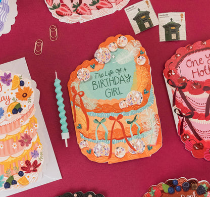 Two For Joy Illustration - The Life of a Birthday Girl - Cake Shaped Greeting Card