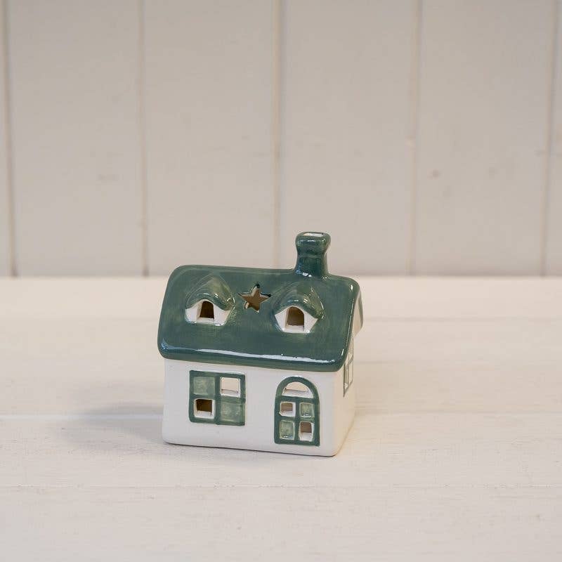 Satchville - White/Green Ceramic House Tealight