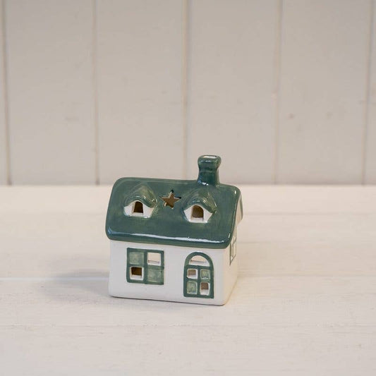 Satchville - White/Green Ceramic House Tealight